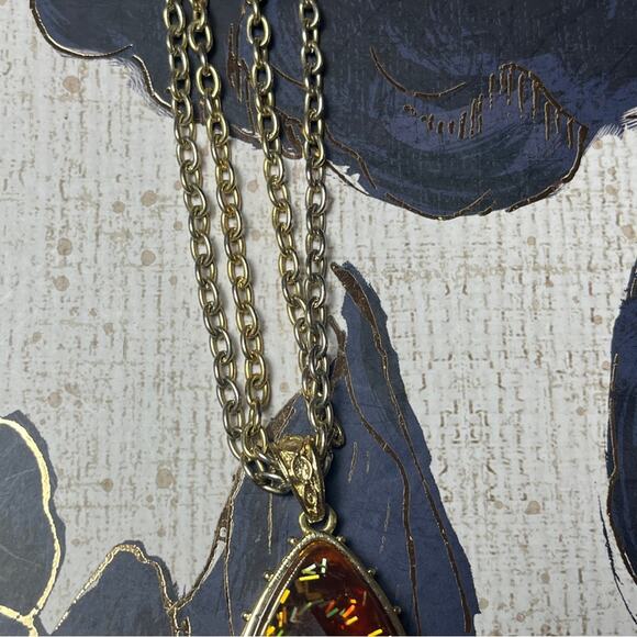 Vintage GEORGE Large Oversized Gold Tone and Amber Confetti Pendant Necklace D2 - Picture 8 of 12